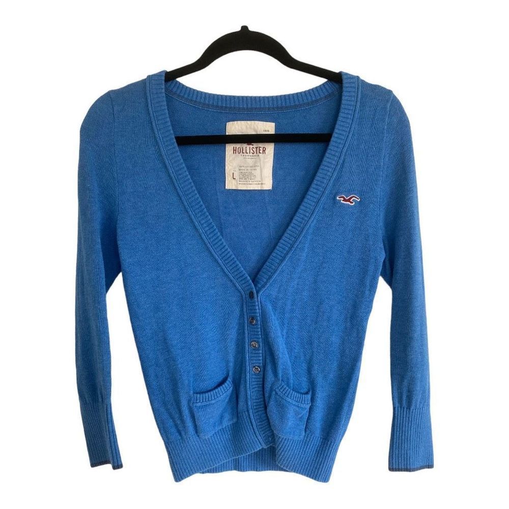 Hollister Women's Blue V-Neck Long Sleeve Cardigan Sweater Size Junior's Large